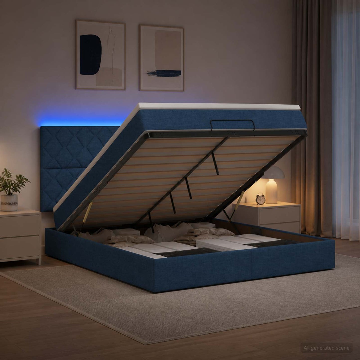 Ottoman Bed met Matrassen en LED Blauw 140 x 190 cm Stof