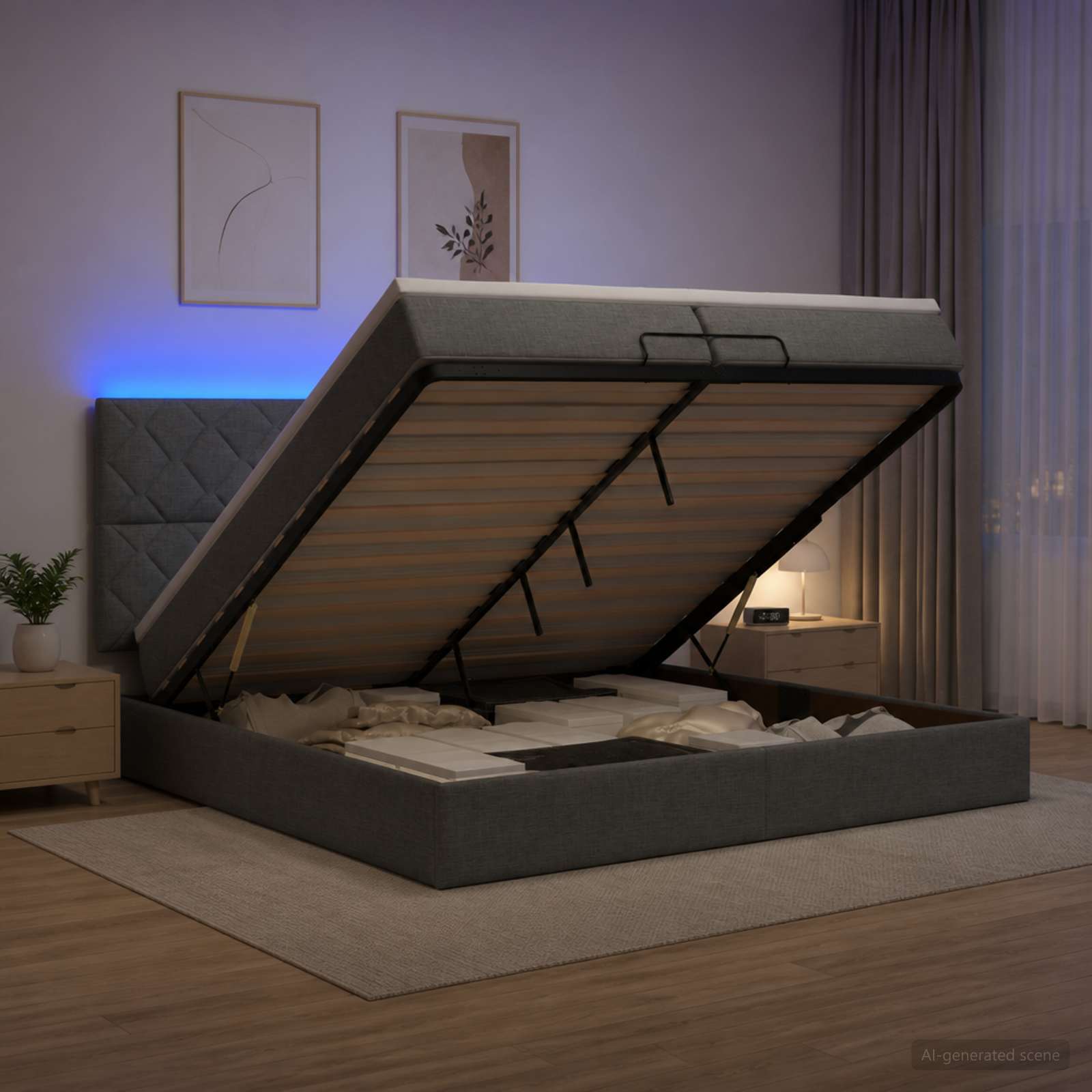 Ottoman Bed met Matrassen en LED Donkergrijs 200 x 200 cm Stof