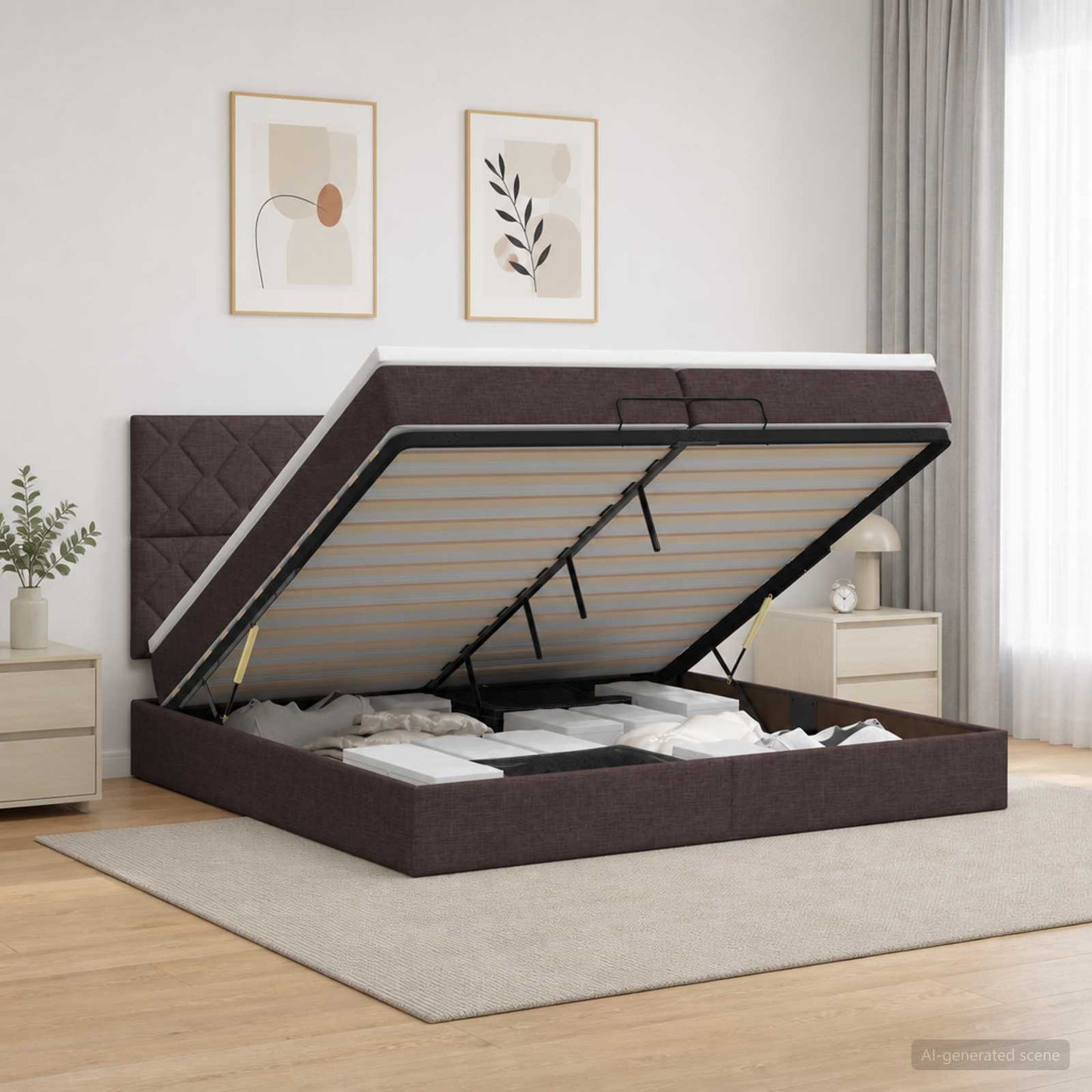 Ottoman Bed met Matrassen en LED Donkerbruin 200 x 200 cm Stof