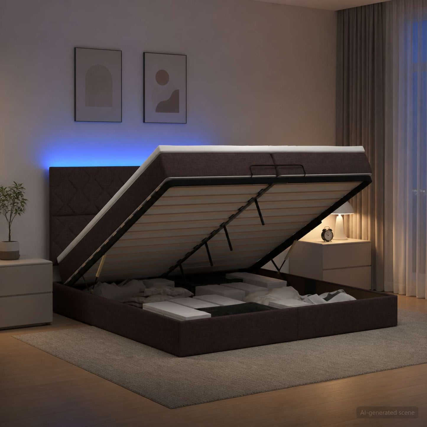 Ottoman Bed met Matrassen en LED Donkerbruin 200 x 200 cm Stof