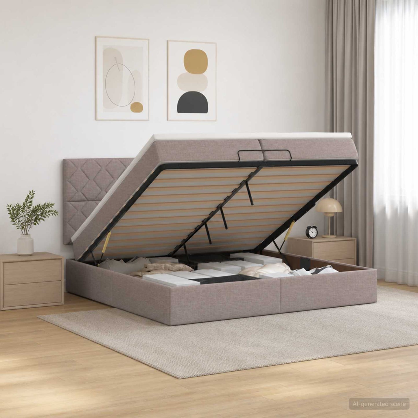 Ottoman bed met matras met hoofdeinde Taupe 200 x 200 cm Stof