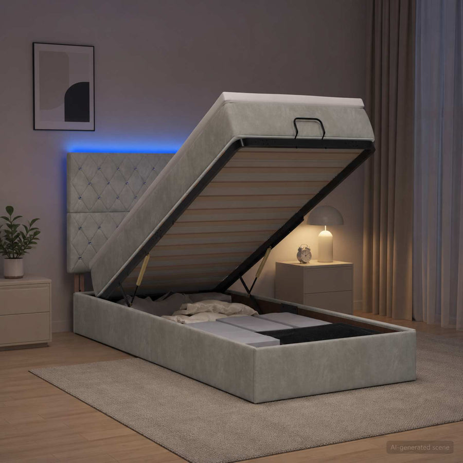 Ottoman Bed met Matrassen en LED Lichtgrijs 90 x 190 cm fluweel