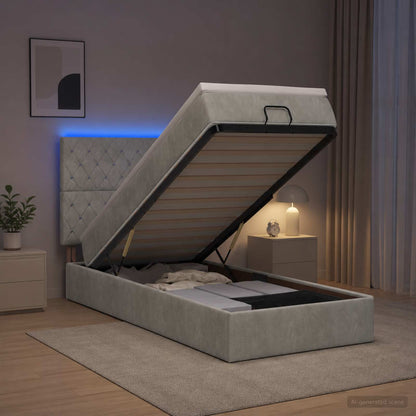 Ottoman Bed met Matrassen en LED Lichtgrijs 90 x 200 cm fluweel
