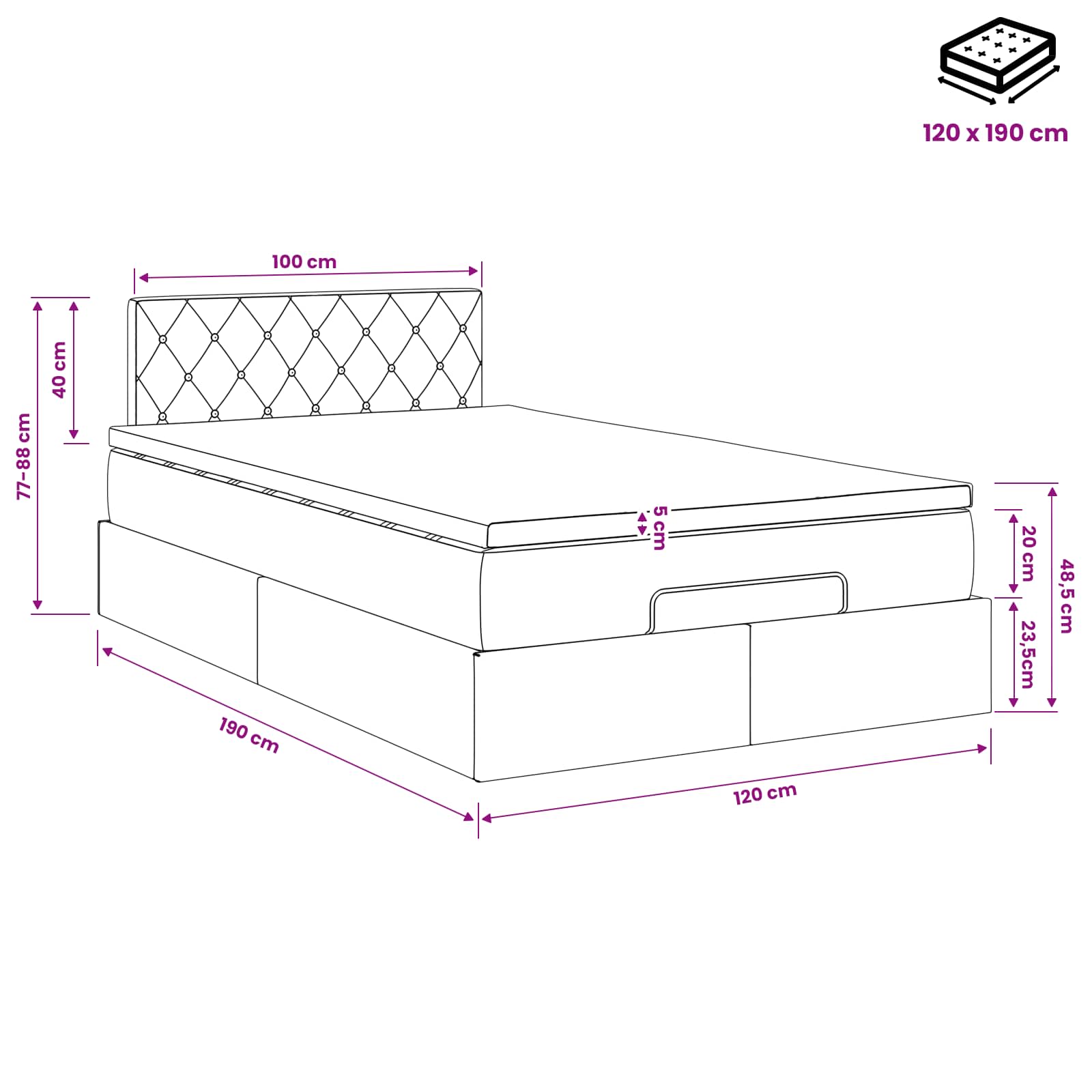 Ottoman Bed met Matrassen en LED Roze 120 x 190 cm fluweel