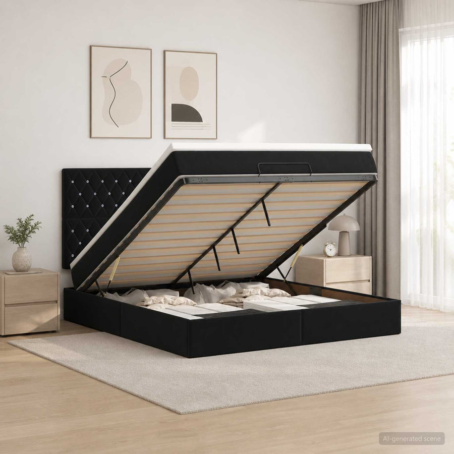 Ottoman Bed met Matrassen en LED Zwart 140 x 200 cm fluweel