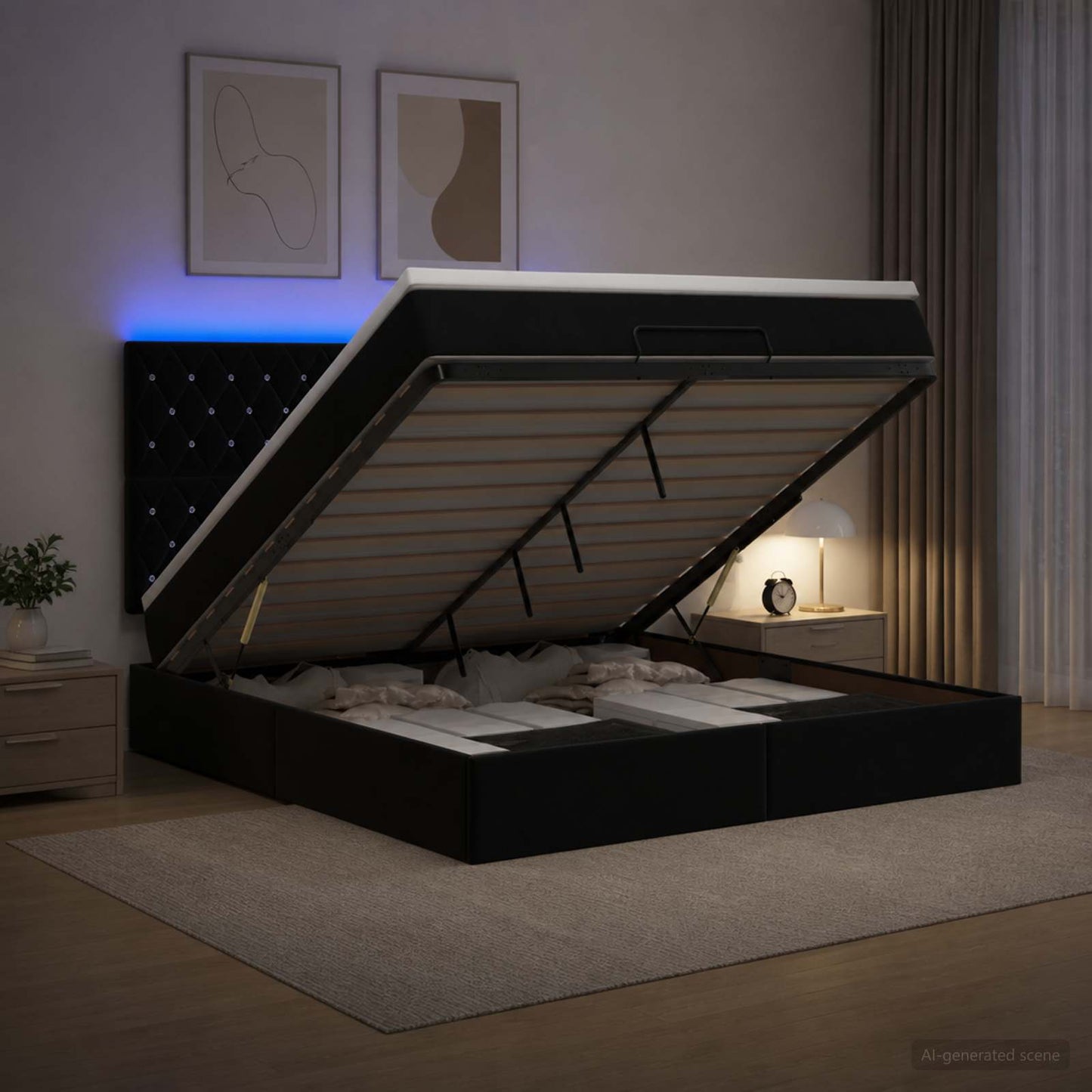 Ottoman Bed met Matrassen en LED Zwart 160 x 200 cm fluweel