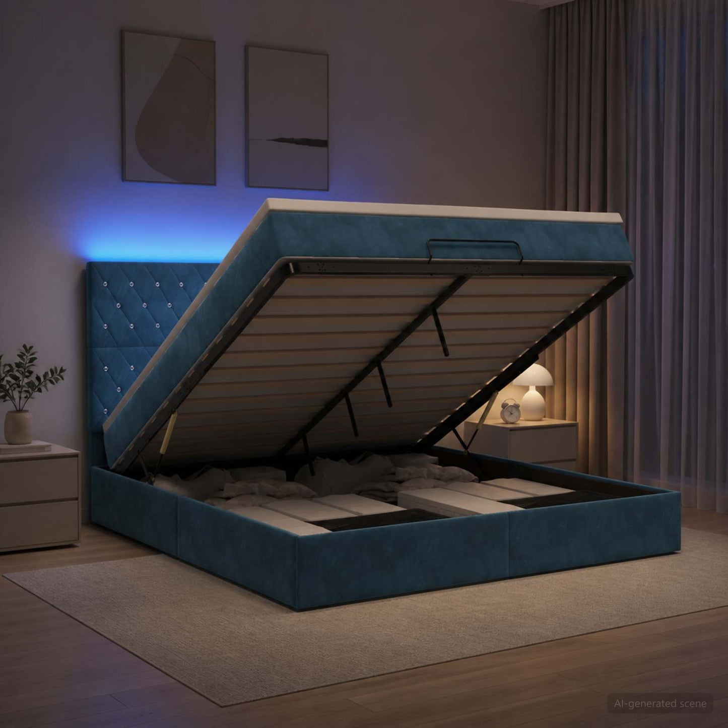 Ottoman Bed met Matrassen en LED Donkerblauw 160 x 200 cm