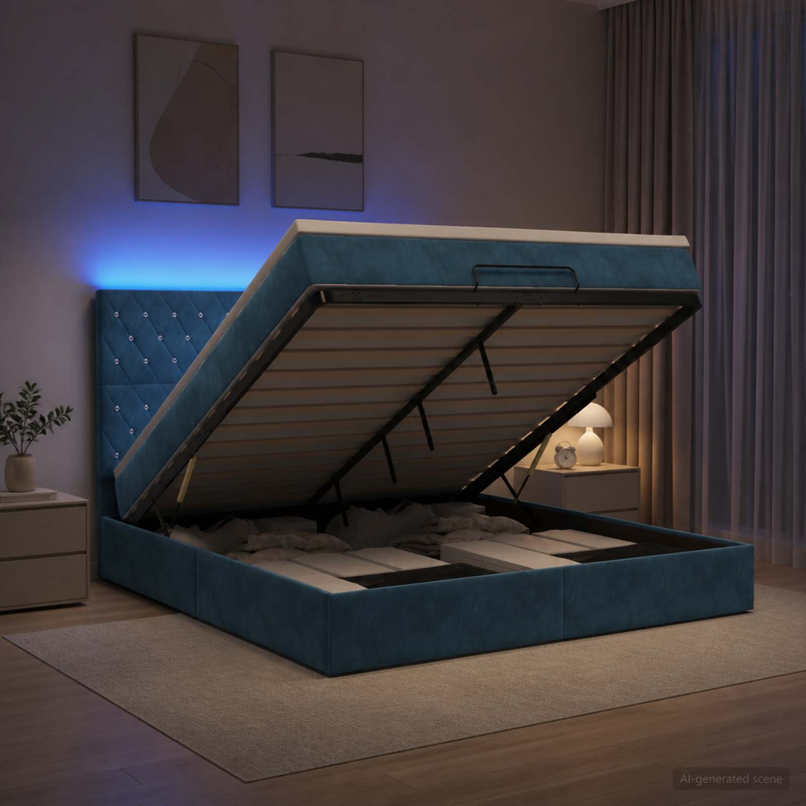 Ottoman Bed met Matrassen en LED Donkerblauw 160 x 200 cm