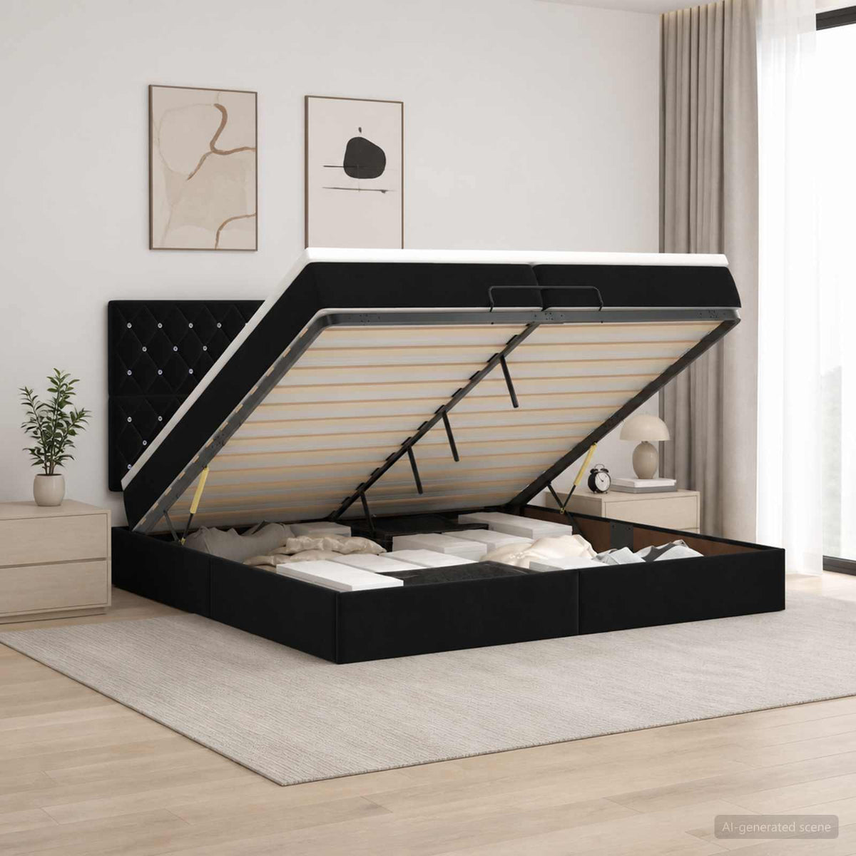 Ottoman Bed met Matrassen en LED Zwart 200 x 200 cm fluweel