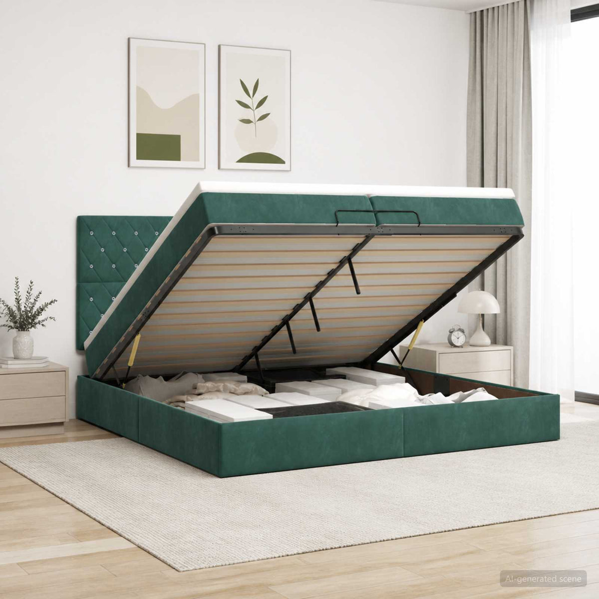 Ottoman Bed met Matrassen en LED Donkergroen 200 x 200 cm