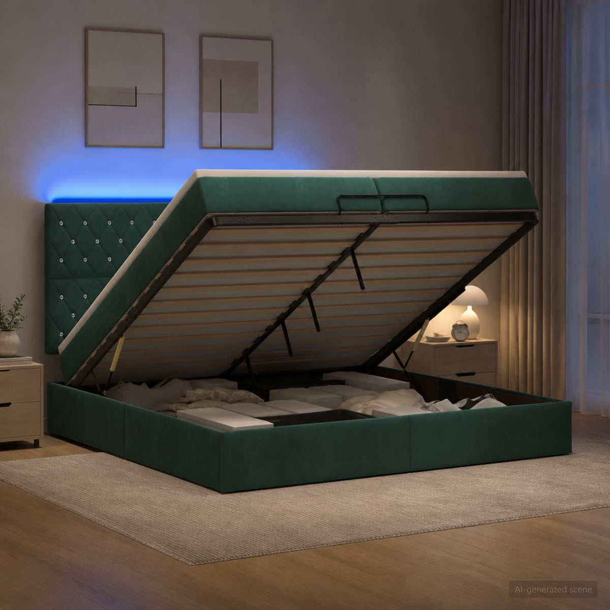 Ottoman Bed met Matrassen en LED Donkergroen 200 x 200 cm