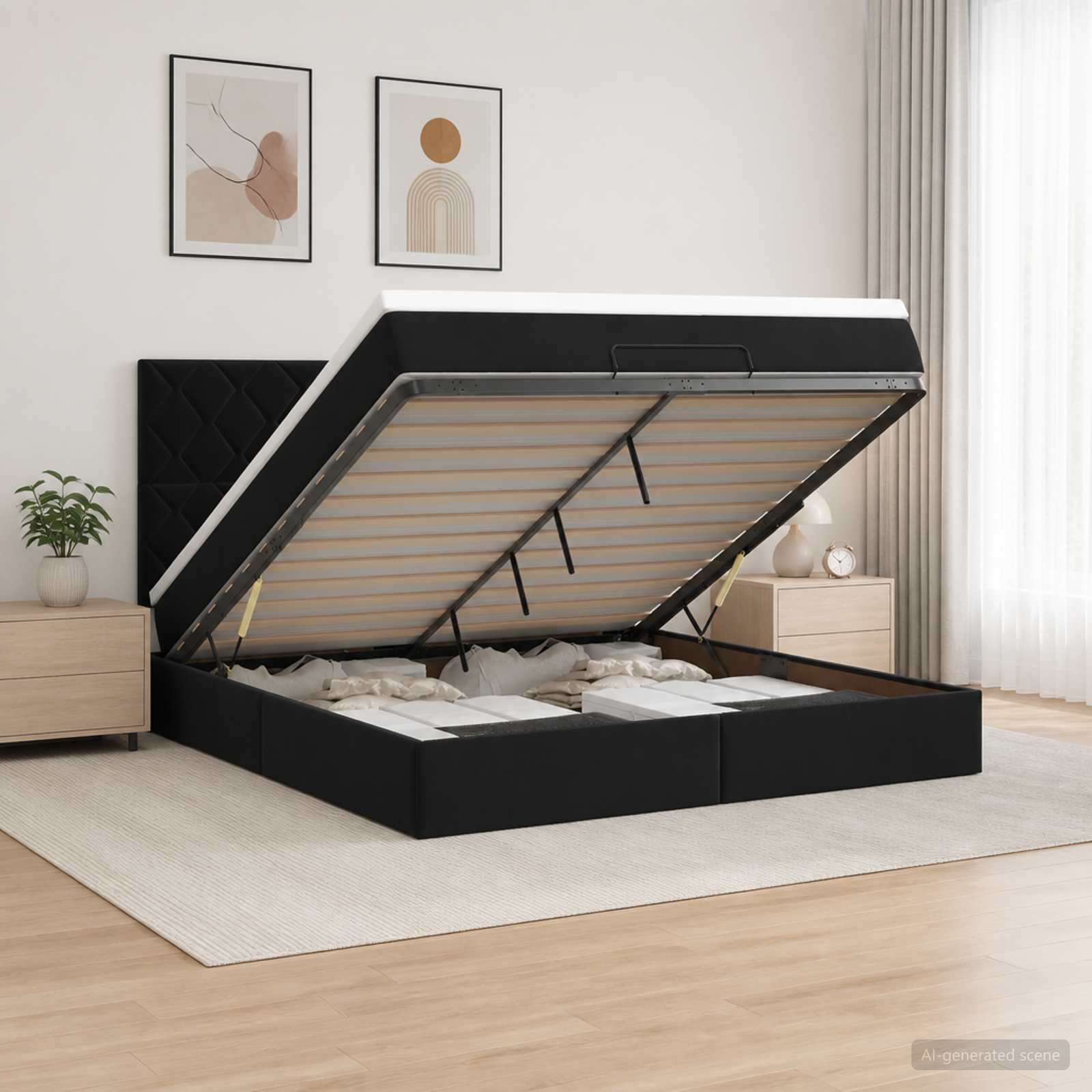 Ottoman Bed met Matrassen en LED Zwart 160 x 200 cm fluweel