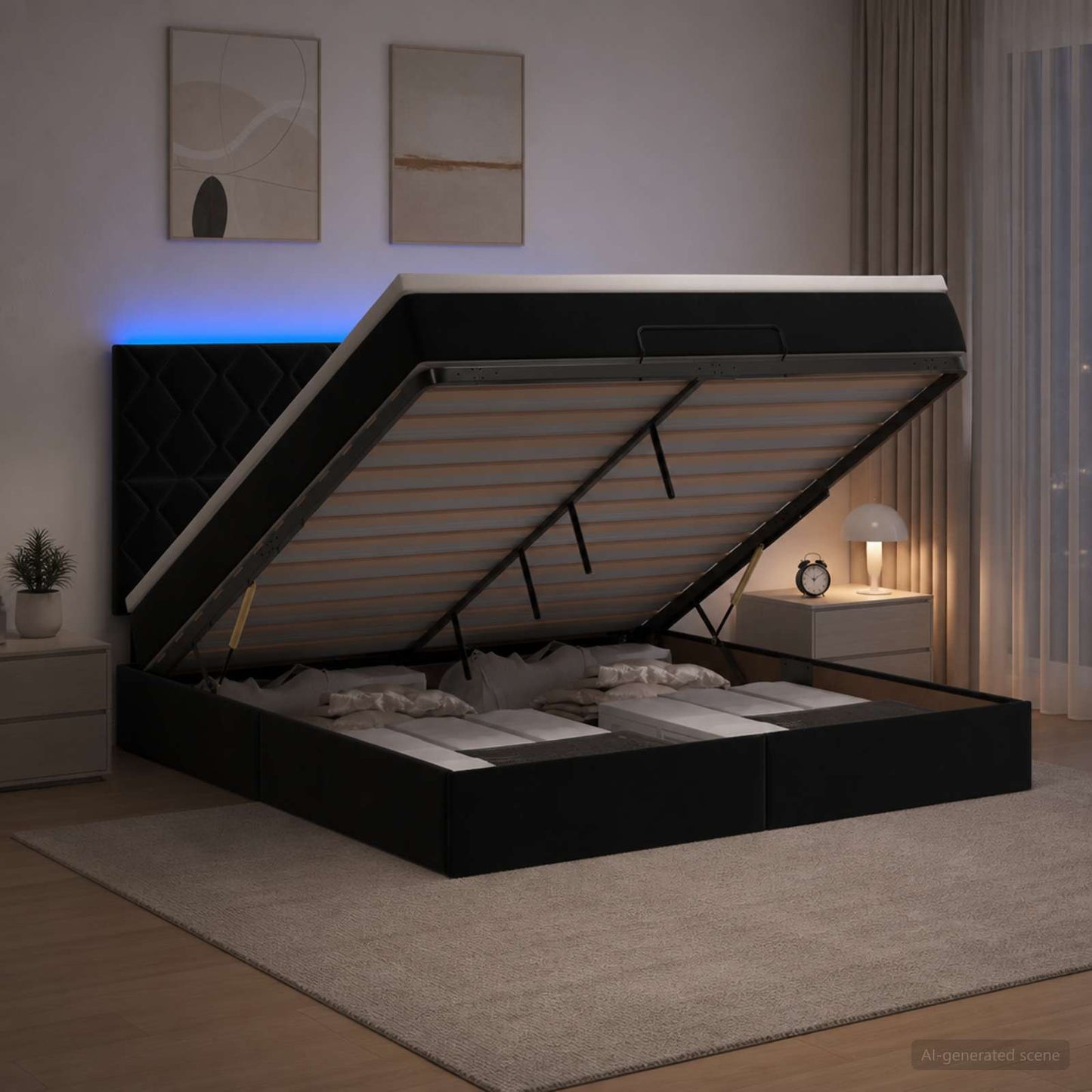 Ottoman Bed met Matrassen en LED Zwart 160 x 200 cm fluweel