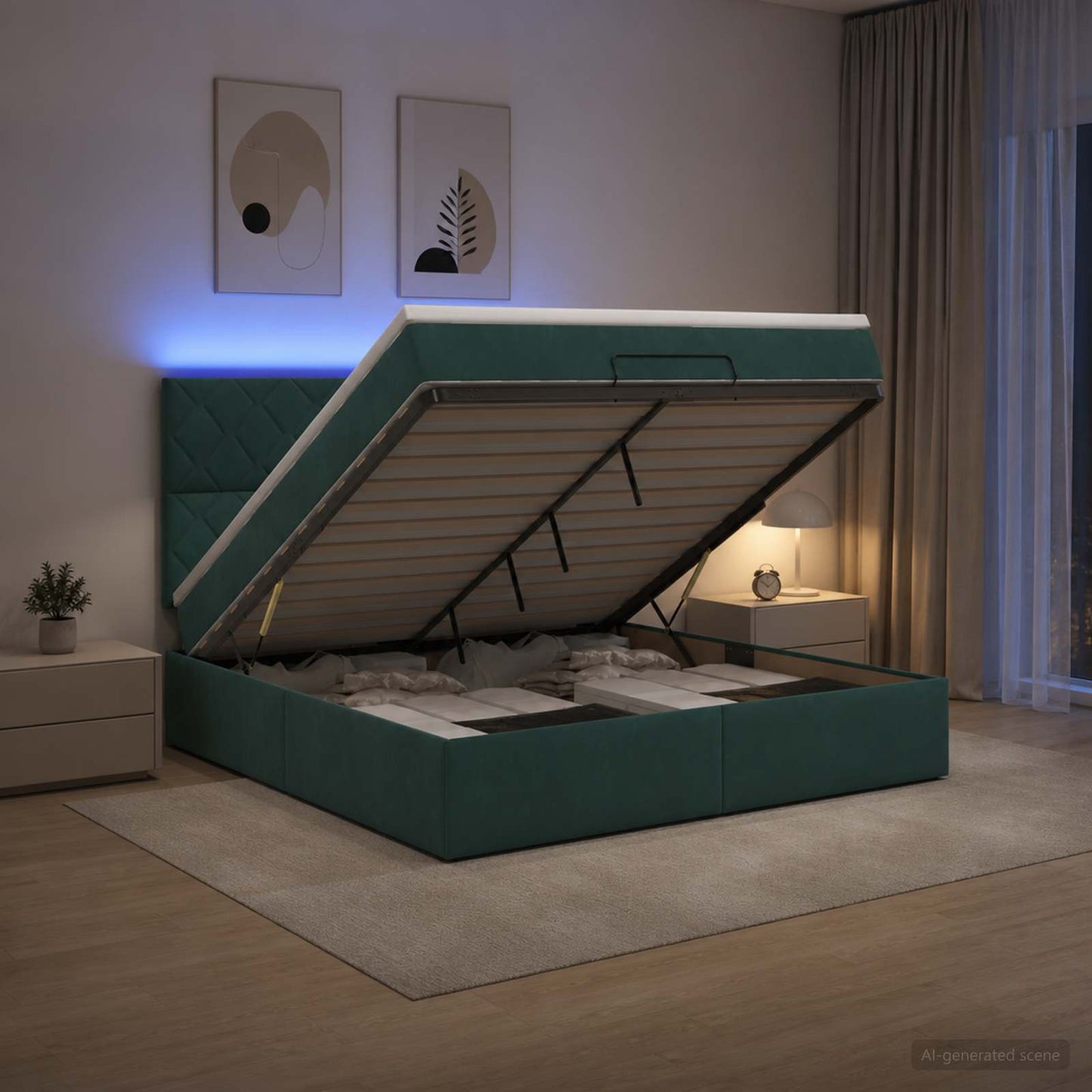 Ottoman Bed met Matrassen en LED Donkergroen 180 x 200 cm