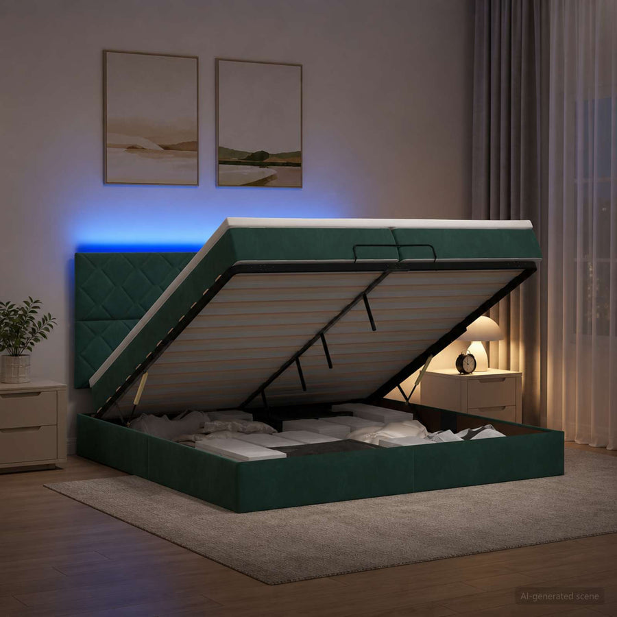 Ottoman Bed met Matrassen en LED Donkergroen 200 x 200 cm