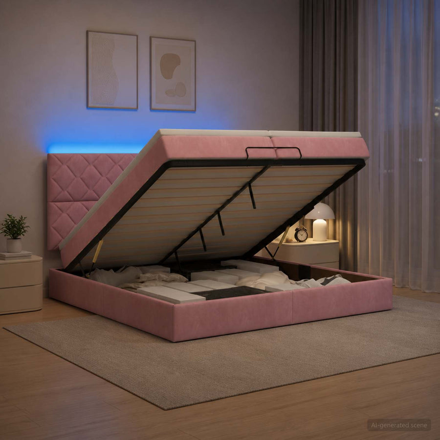 Ottoman Bed met Matrassen en LED Roze 200 x 200 cm fluweel