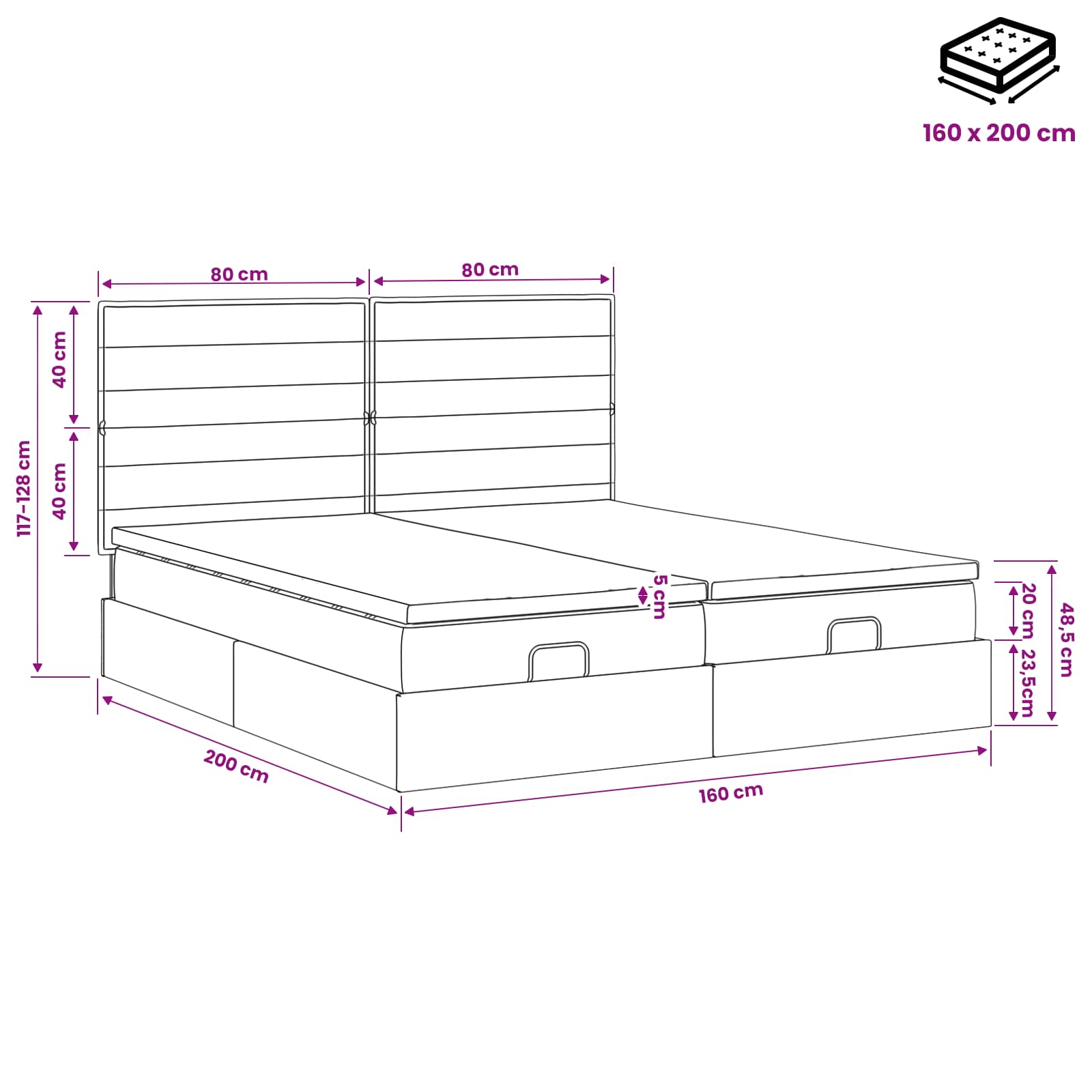Ottoman Bed met Matrassen en LED Donkergrijs 160 x 200 cm Stof