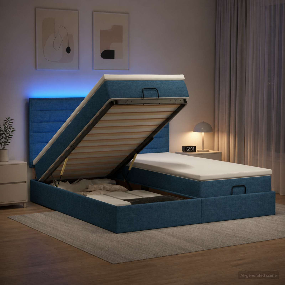 Ottoman Bed met Matrassen en LED Blauw 200 x 200 cm Stof