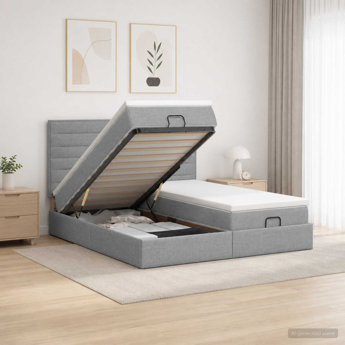 Ottoman Bed met Matrassen en LED Lichtgrijs 180 x 200 cm Stof