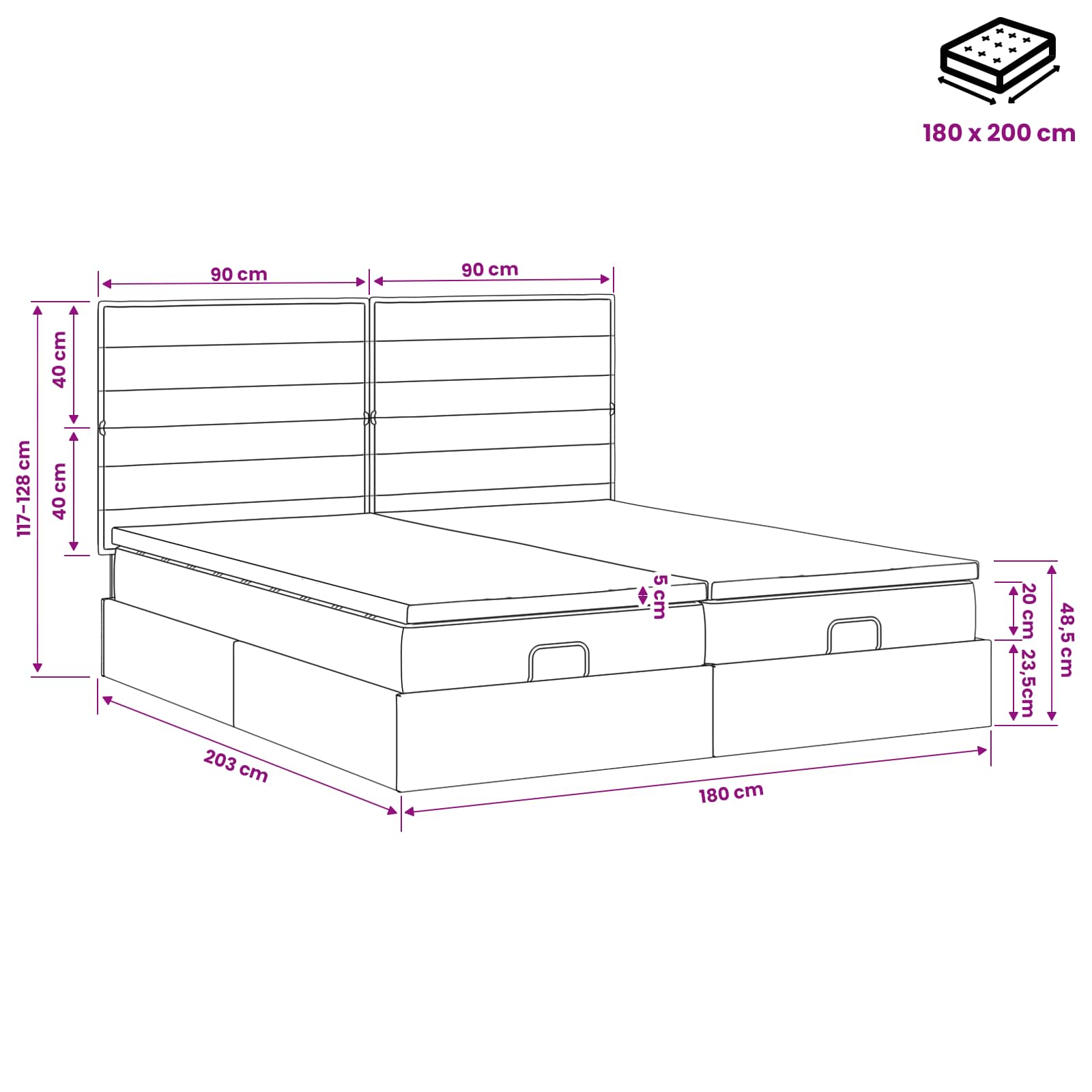 Ottoman Bed met Matrassen en LED Zwart 180 x 200 cm Stof