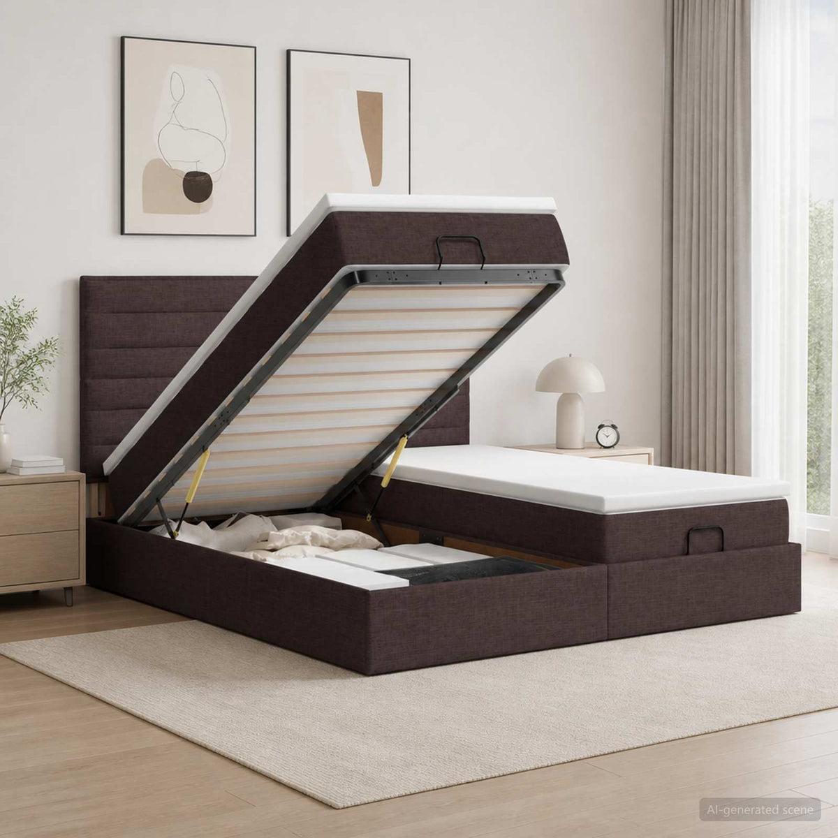 Ottoman Bed met Matrassen en LED Donkerbruin 180 x 200 cm Stof