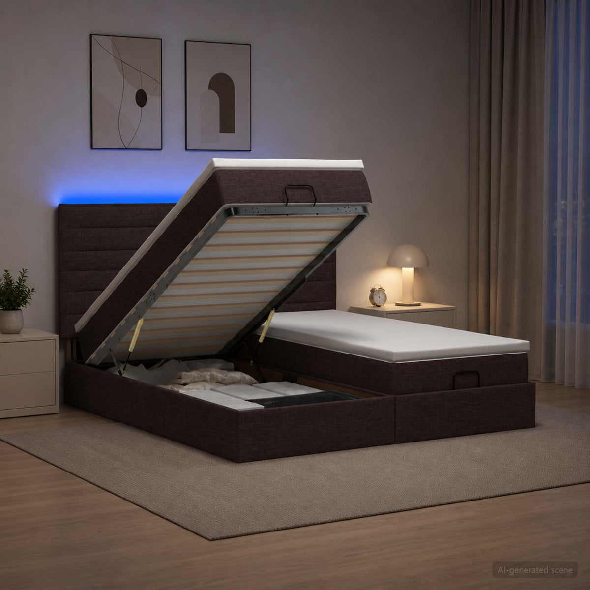 Ottoman Bed met Matrassen en LED Donkerbruin 180 x 200 cm Stof
