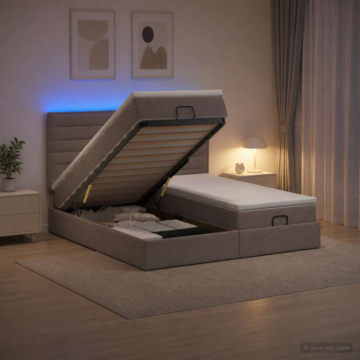 Ottoman Bed met Matrassen en LED Taupe 180 x 200 cm Stof