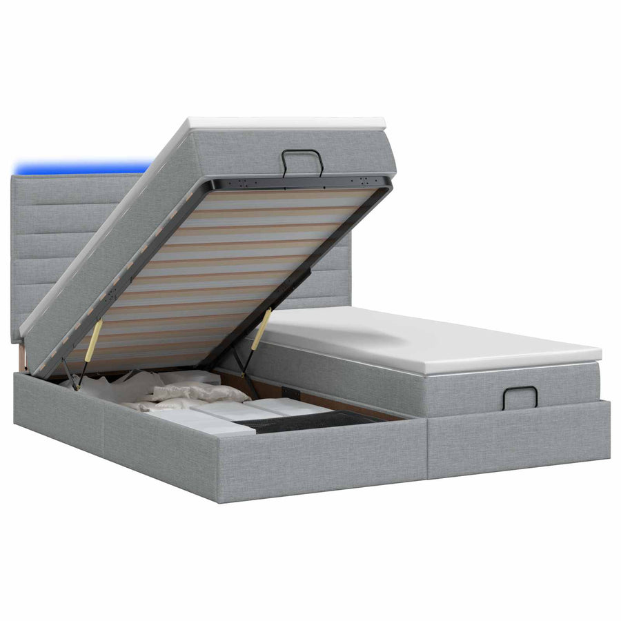 Ottoman Bed met Matrassen en LED Lichtgrijs 200 x 200 cm Stof