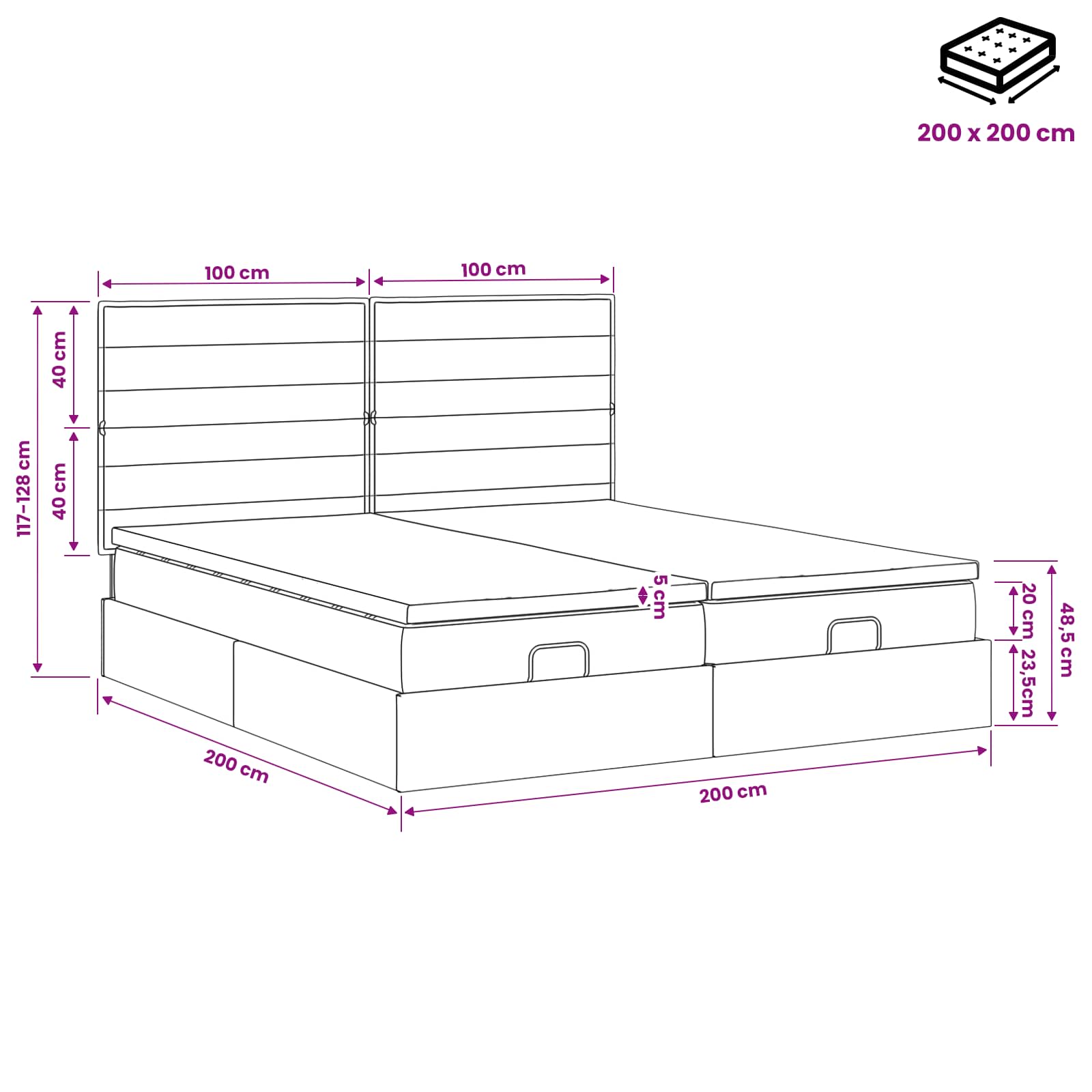 Ottoman Bed met Matrassen en LED Donkergrijs 200 x 200 cm Stof