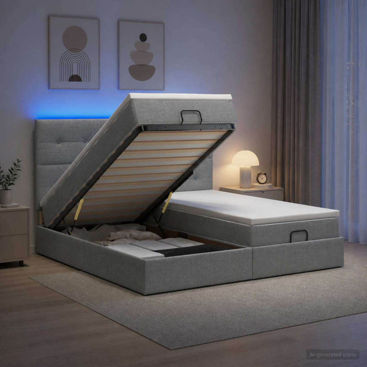 Ottoman Bed met Matrassen en LED Lichtgrijs 200 x 200 cm Stof