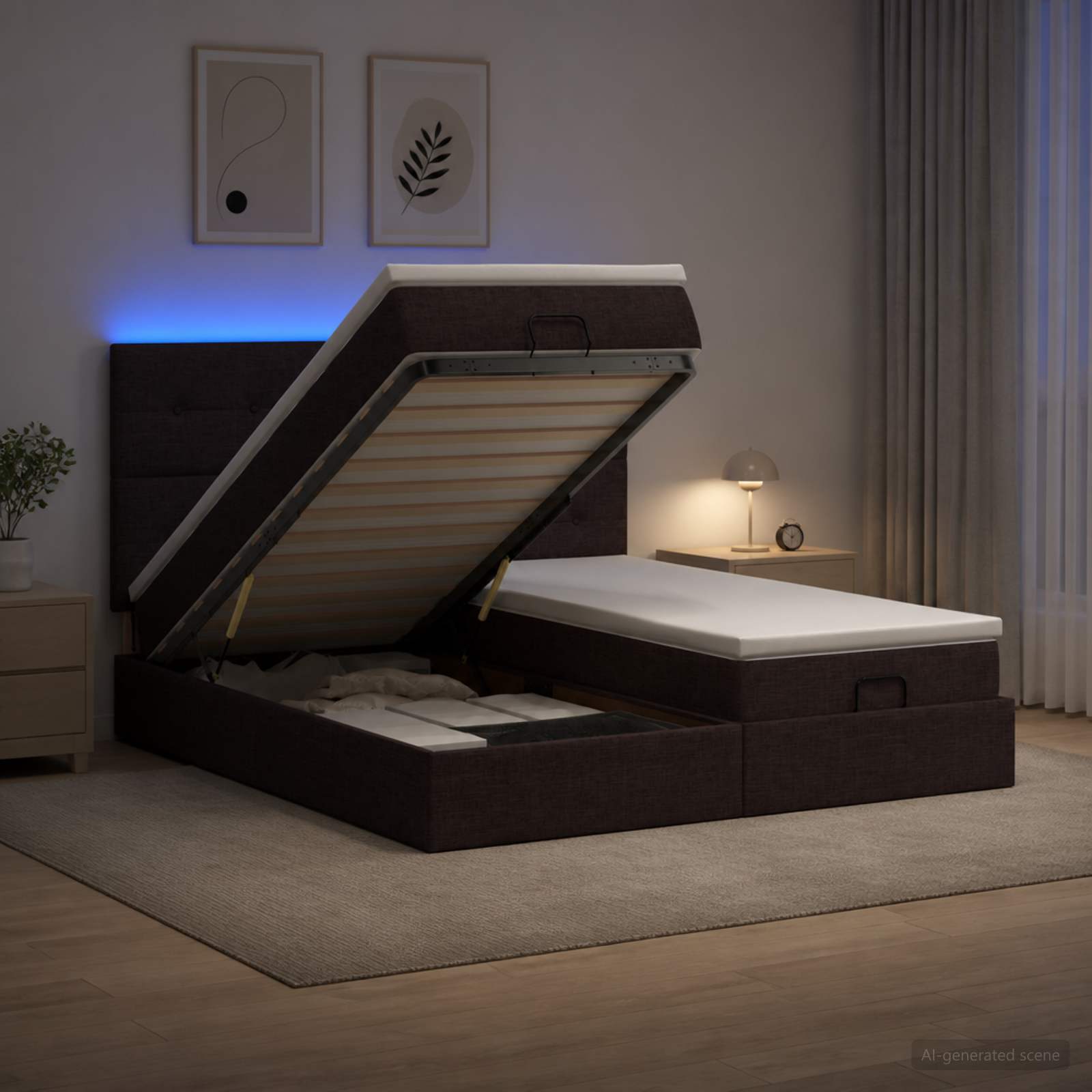 Ottoman Bed met Matrassen en LED Donkerbruin 200 x 200 cm Stof