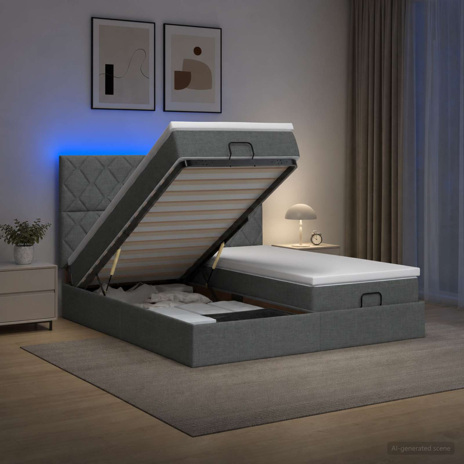 Ottoman Bed met Matrassen en LED Donkergrijs 180 x 200 cm Stof