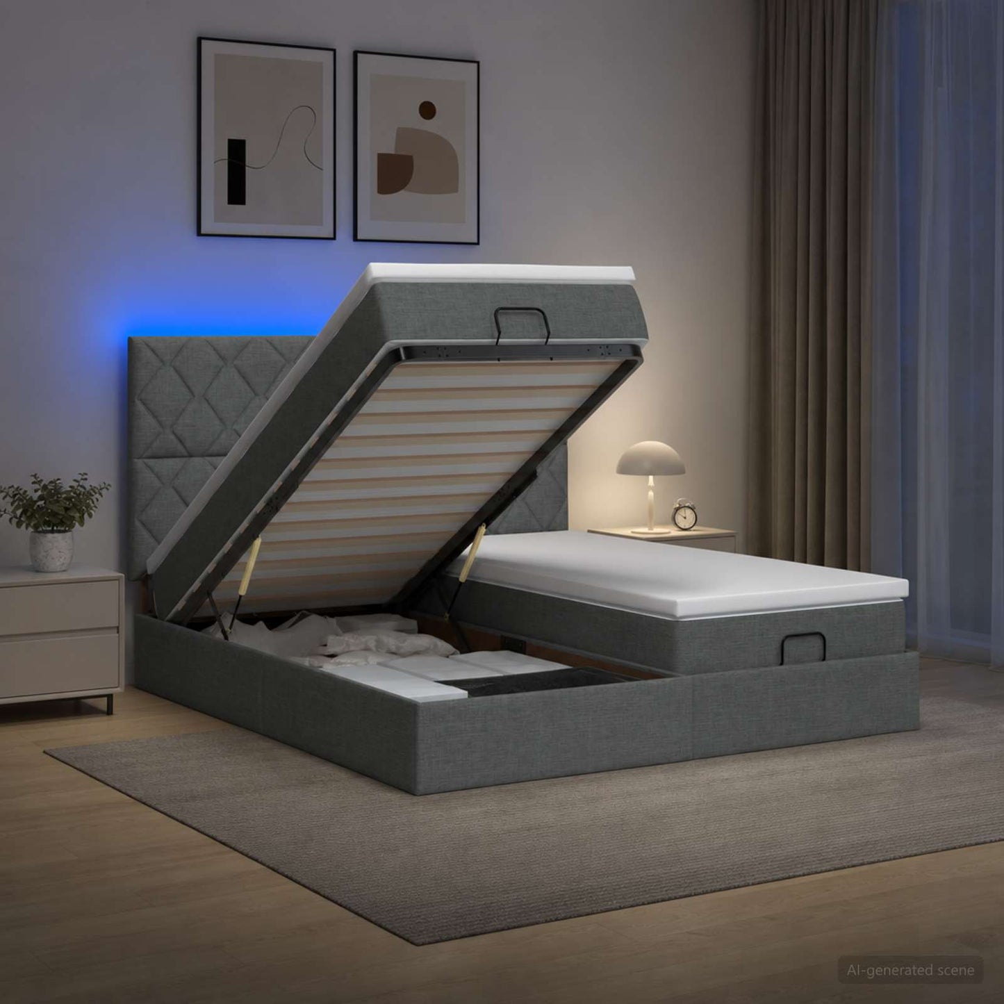 Ottoman Bed met Matrassen en LED Donkergrijs 200 x 200 cm Stof