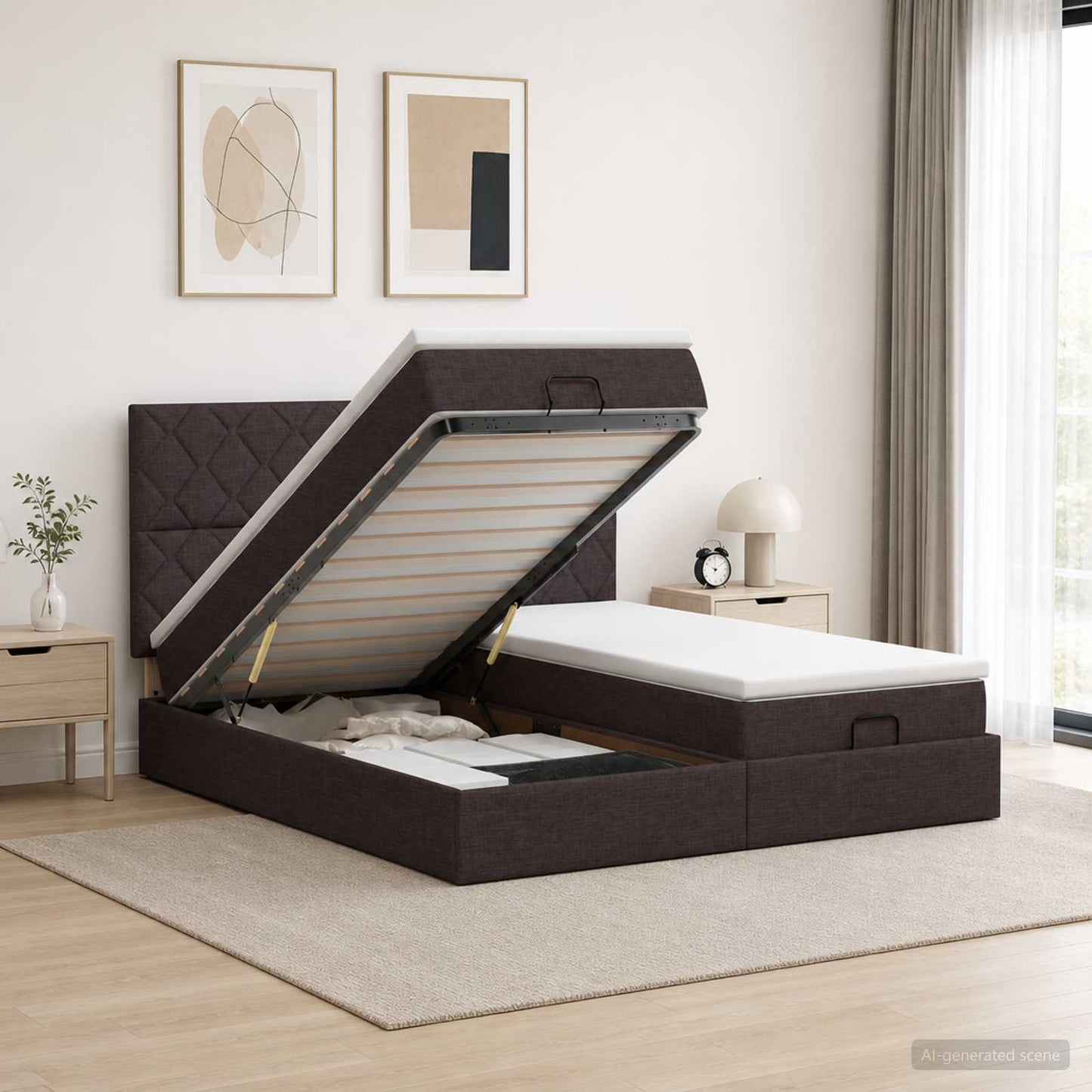 Ottoman Bed met Matrassen en LED Donkerbruin 200 x 200 cm Stof