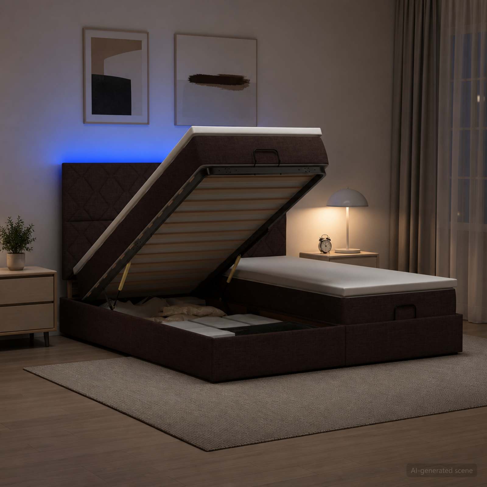 Ottoman Bed met Matrassen en LED Donkerbruin 180 x 200 cm Stof