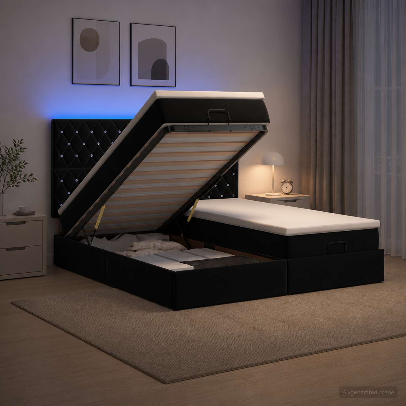 Ottoman Bed met Matrassen en LED Zwart 200 x 200 cm fluweel
