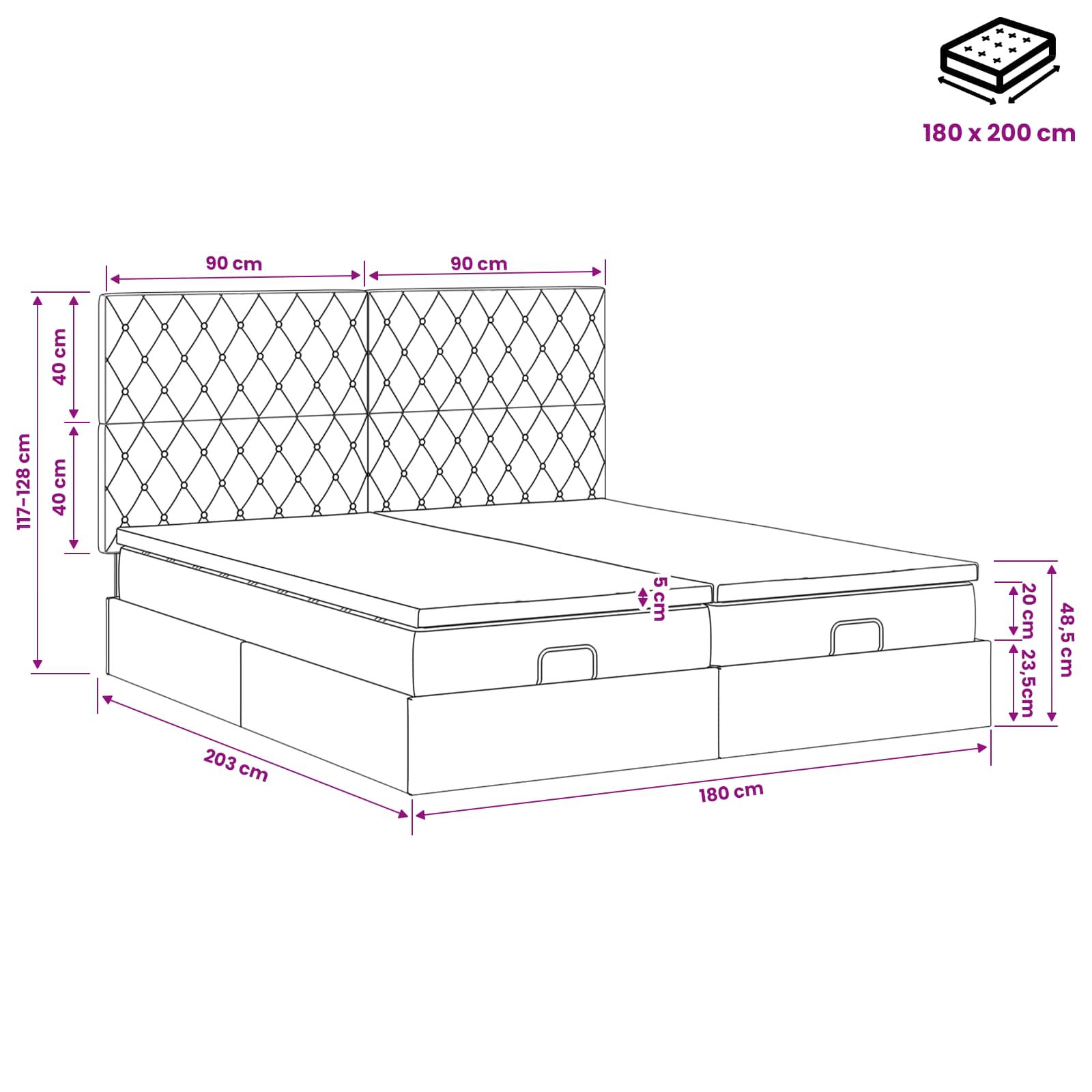 Ottoman Bed met Matrassen en LED Lichtgrijs 180 x 200 cm