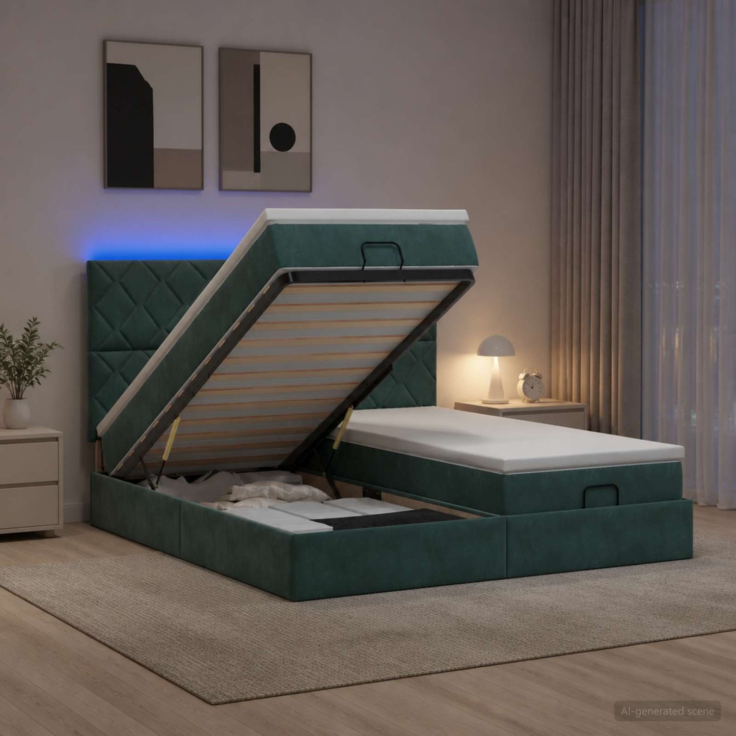 Ottoman Bed met Matrassen en LED Donkergroen 200 x 200 cm