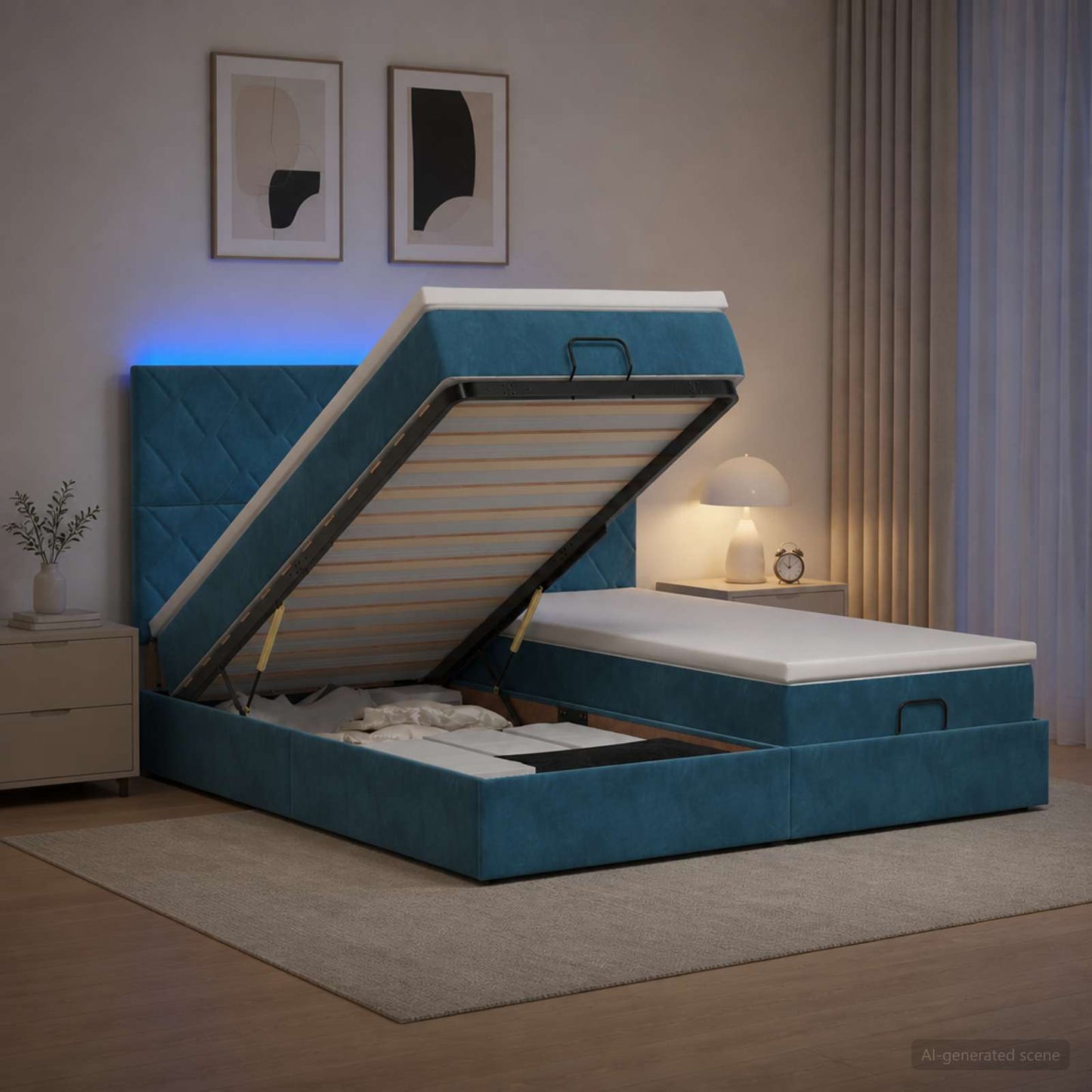 Ottoman Bed met Matrassen en LED Donkerblauw 160 x 200 cm