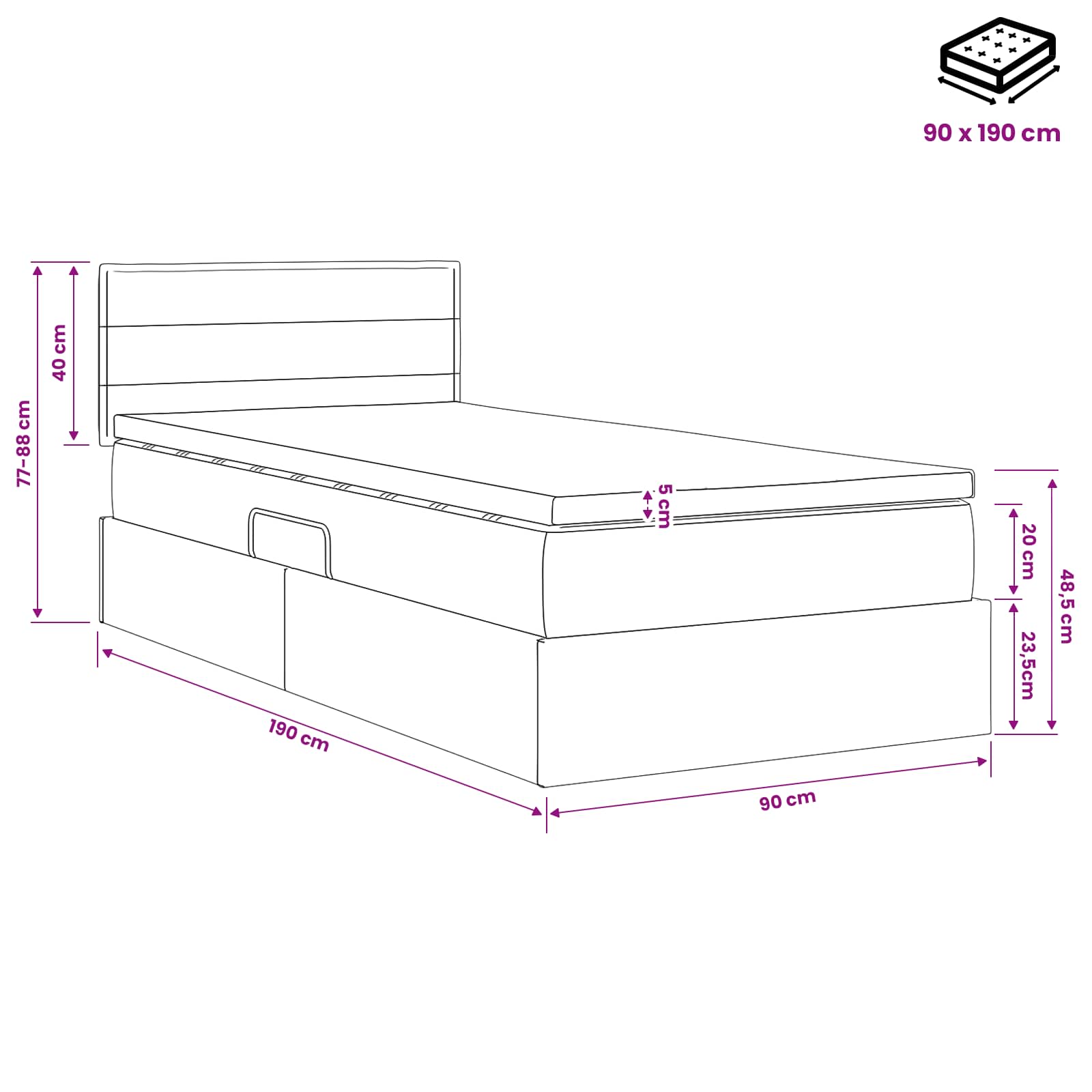 Opbergbed met matras met hoofdeinde Zwart 90 x 190 cm fluweel