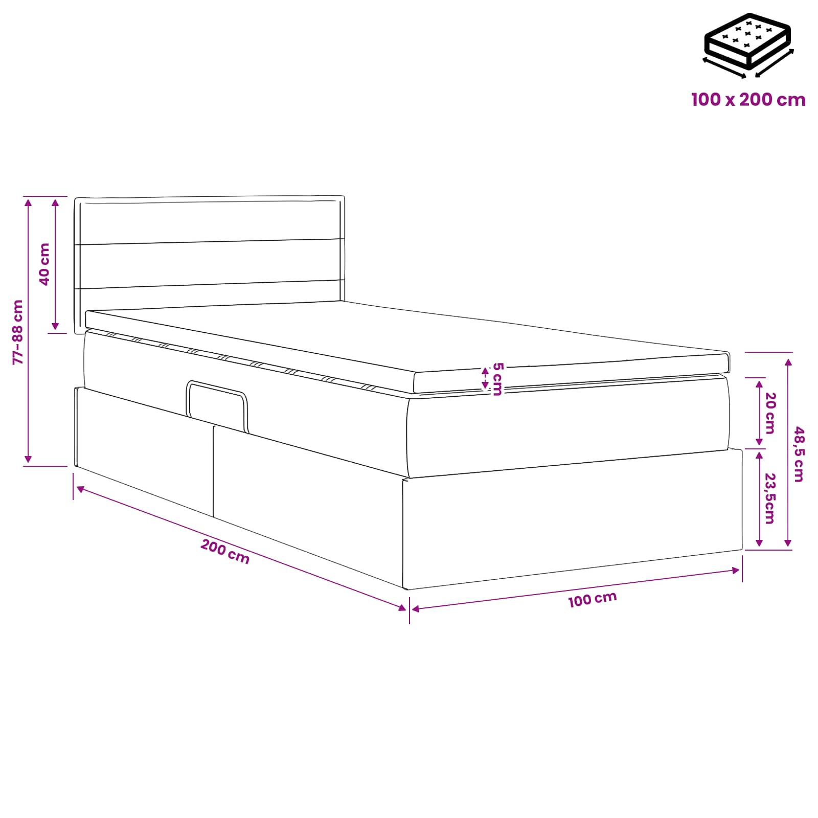 Opbergbed met matras met hoofdeinde Zwart 100 x 200 cm fluweel