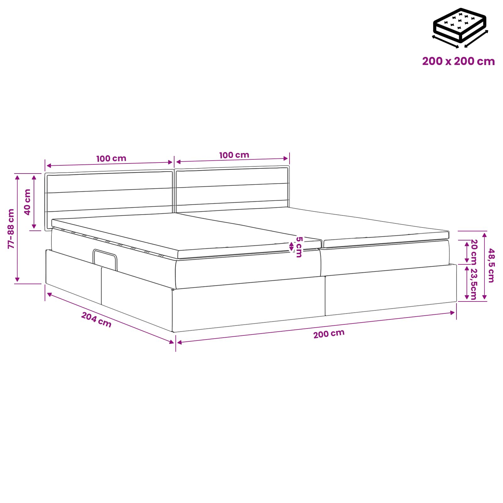 Opbergbed met matras Lichtgrijs 200 x 200 cm fluweel