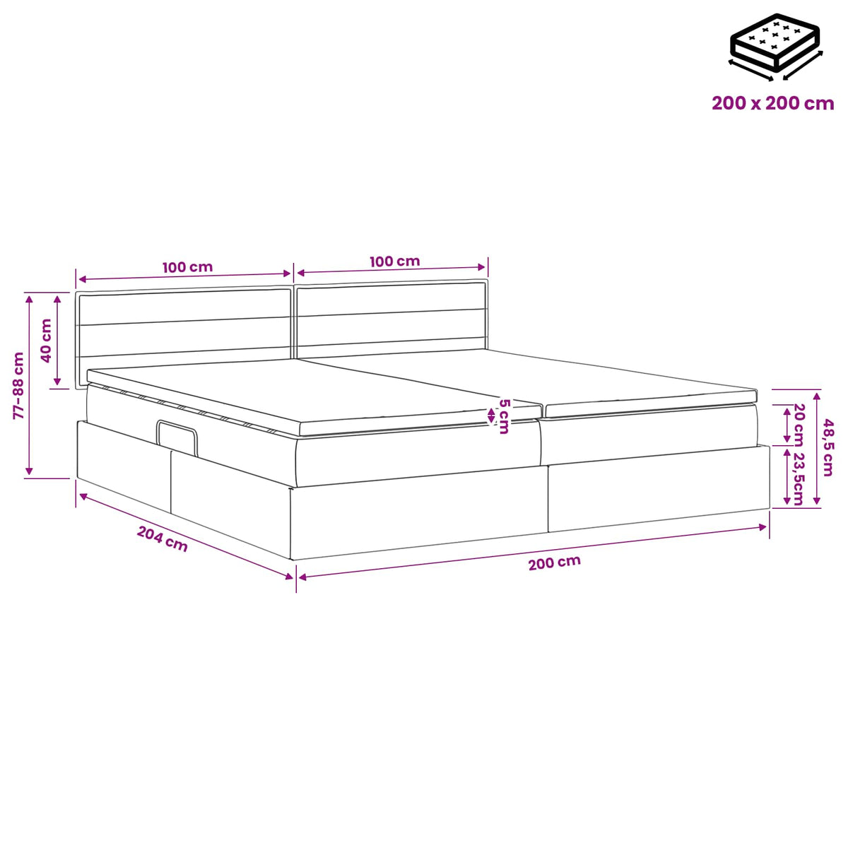 Opbergbed met matras met hoofdeinde Zwart 200 x 200 cm fluweel