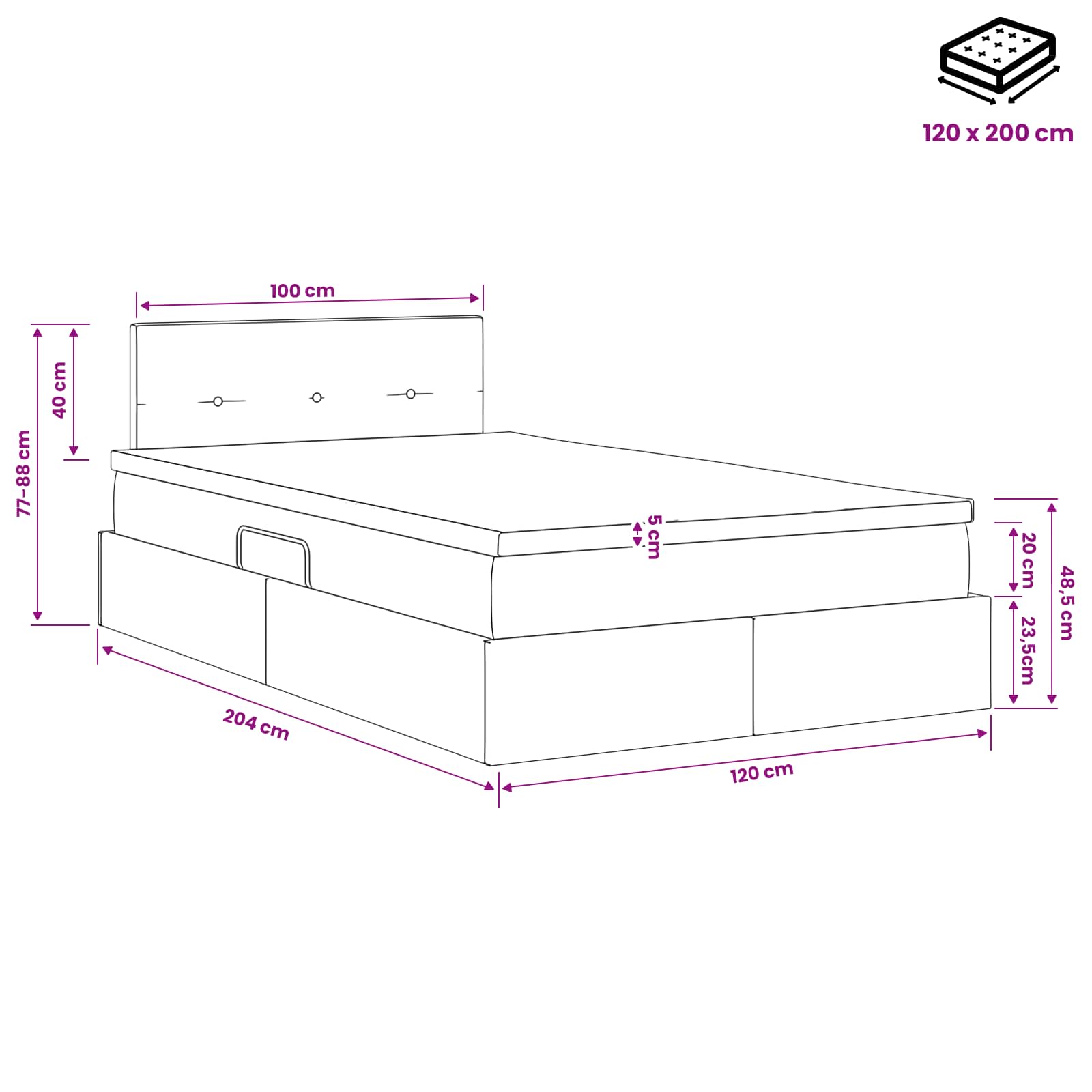 Opbergbed met matras Lichtgrijs 120 x 200 cm fluweel