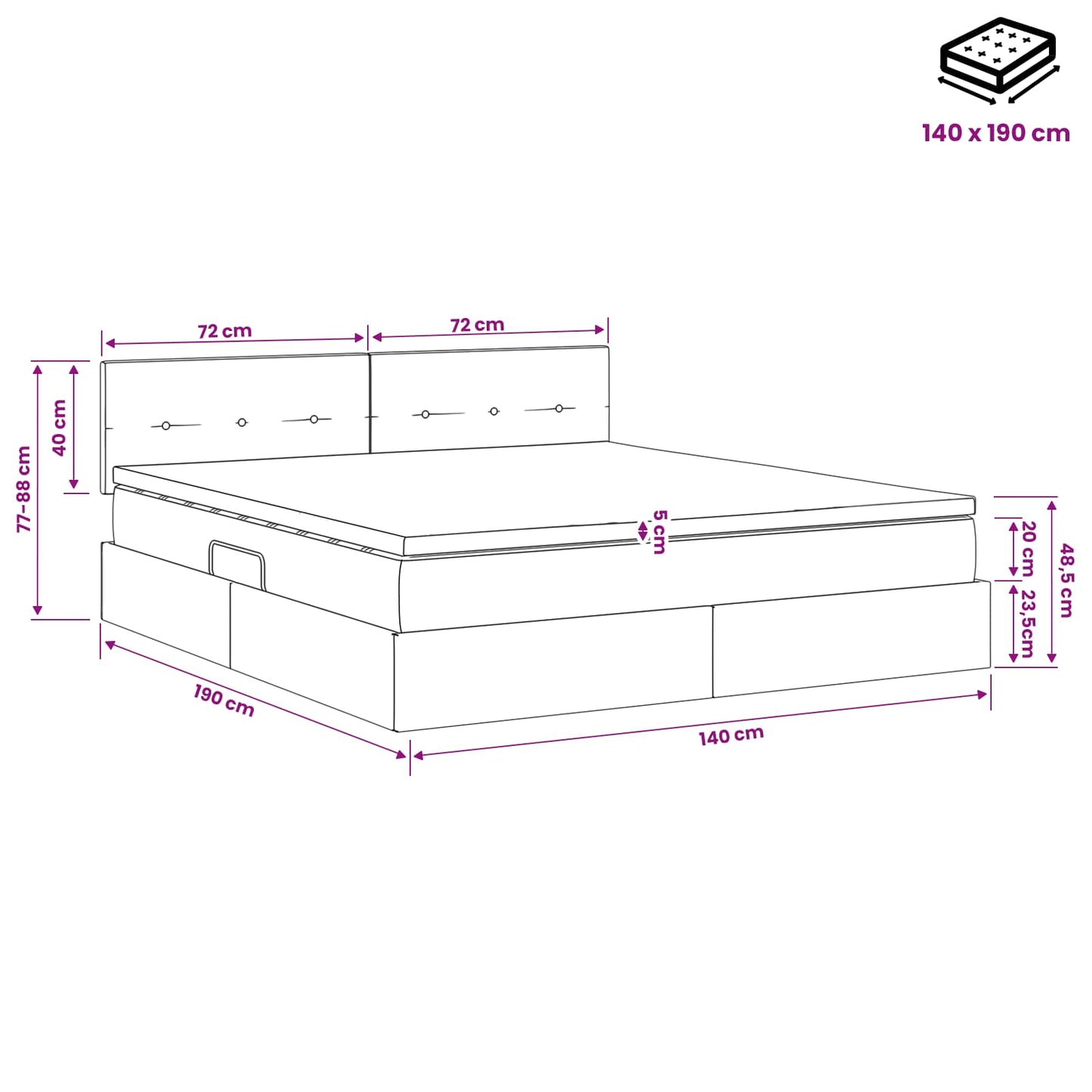 Opbergbed met matras met hoofdeinde Zwart 140 x 190 cm fluweel