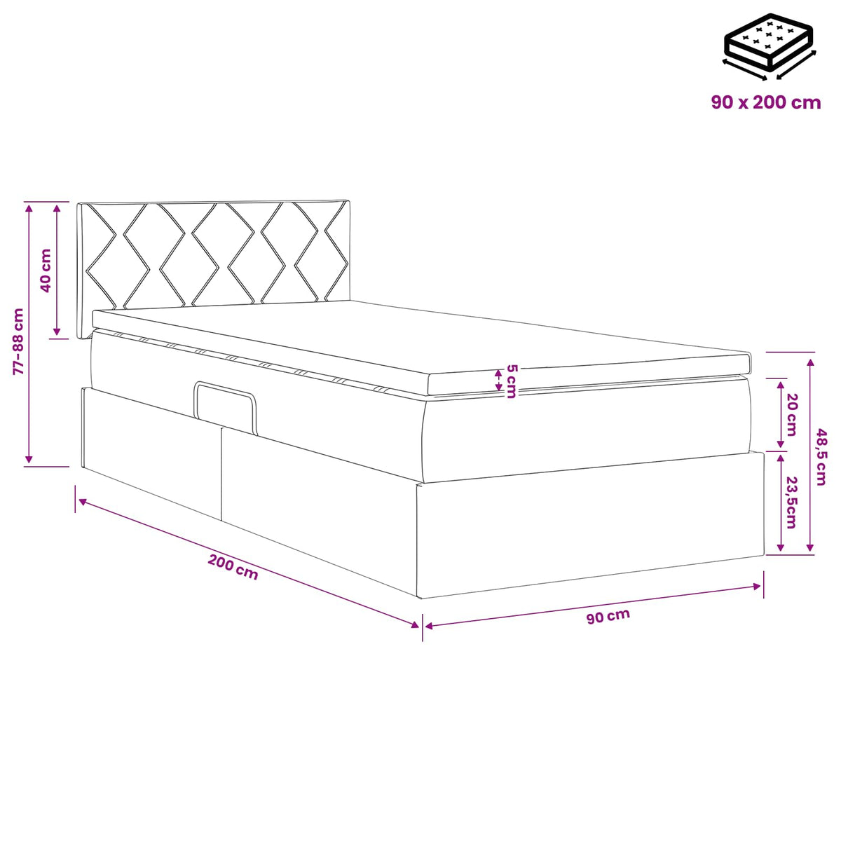 Opbergbed met matras Crèmekleurig 90 x 200 cm fluweel