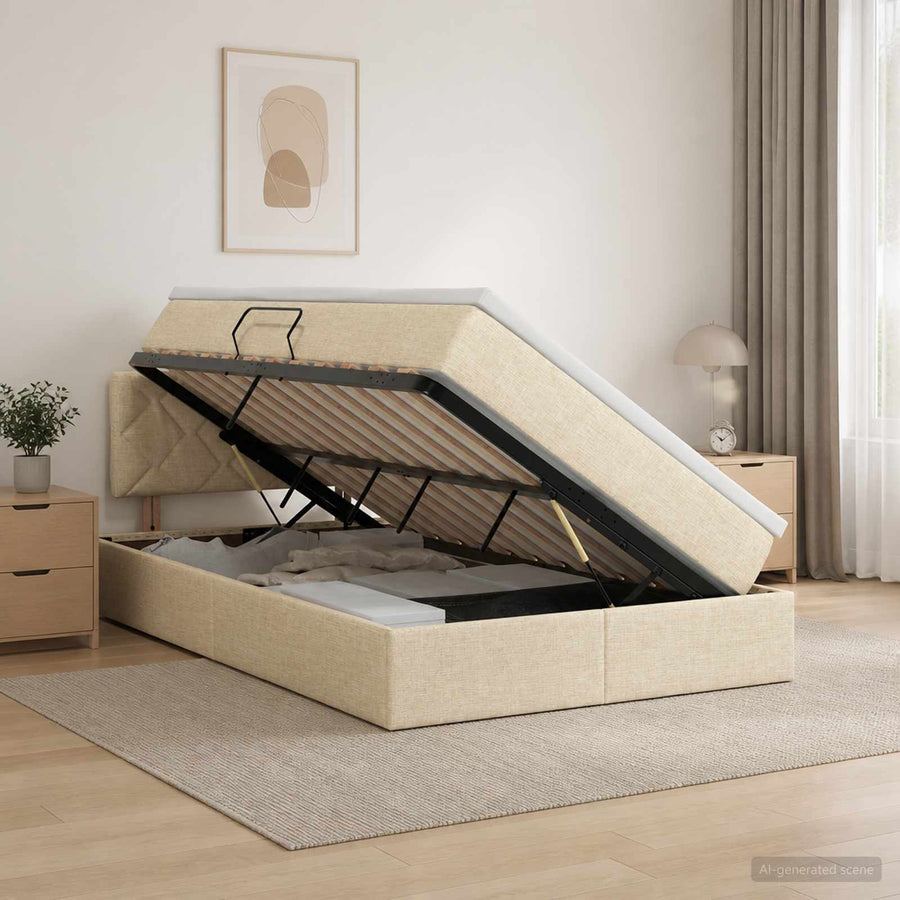 LED Opslagbed met Matras Crèmekleurig 120 x 200 cm Stof