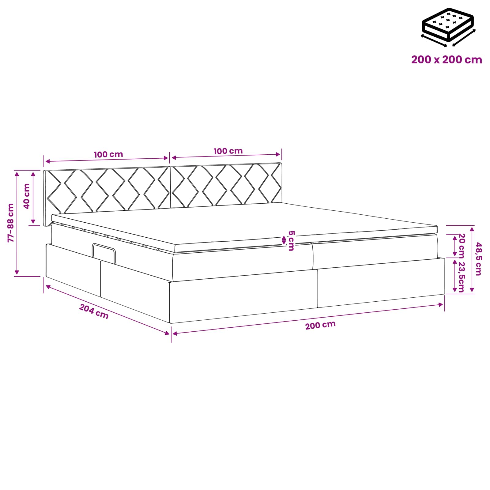 Opslag bed met hoofdeinde Zwart 200 x 200 cm Fluweel