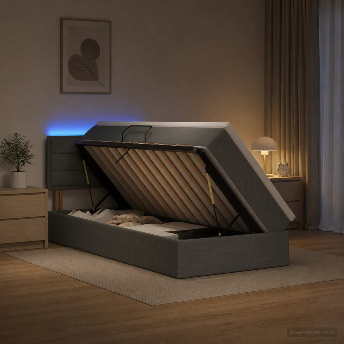 LED Opslagbed met Matras Donkergrijs 100 x 200 cm Stof