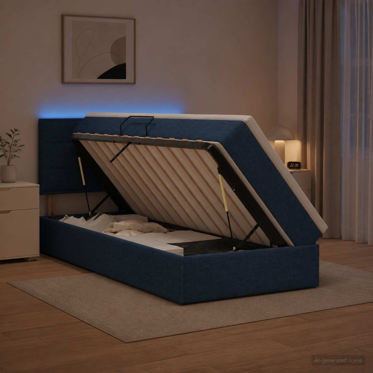 LED Opslagbed met Matras Blauw 90 x 200 cm Stof